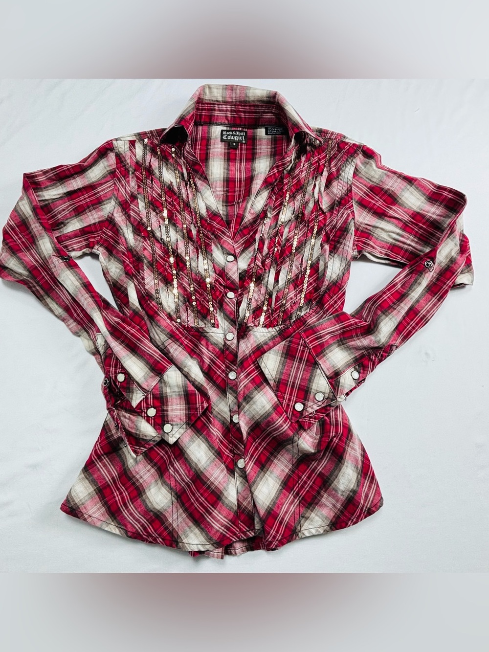 Rock & Roll Cowgirl Pink and White Plaid Snap-Front Western Shirt W629